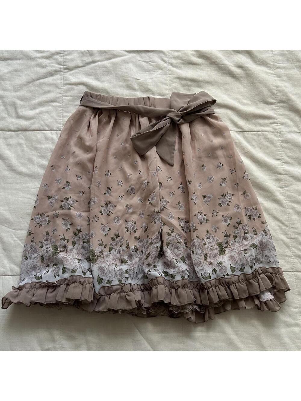 Axes Femme Dusty Pink Rose Floral Bow Ruffle Hem Skirt Medium Japan